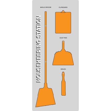 5S Housekeeping Shadow Board Broom Station Version 13 - Gray Board / Orange Shadows  With Broom